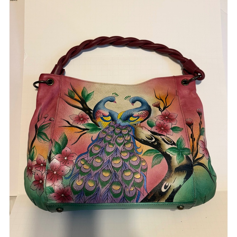 Anuschka Peacock Love Hobo Shoulder Bag Braided Top Handle Leather Floral